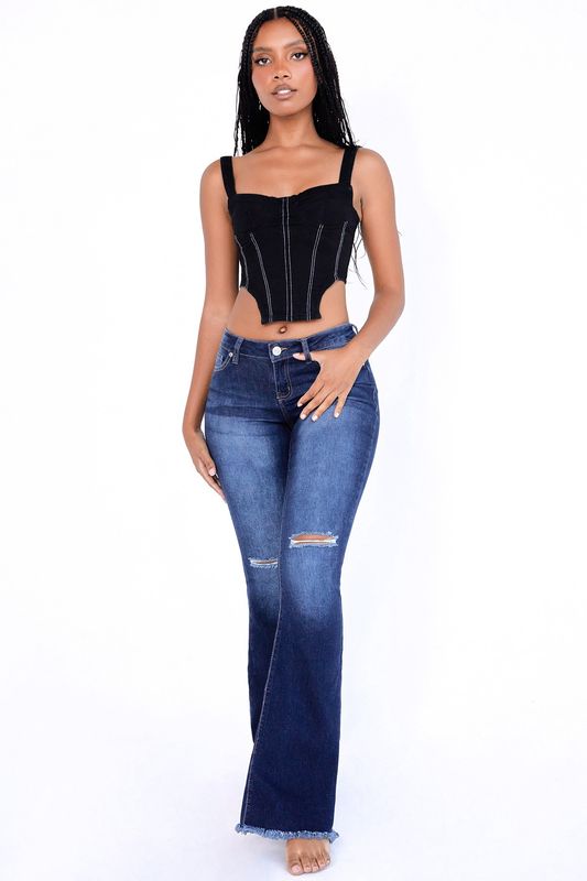 Junior 1-Button Low-Rise Fray Hem Flare