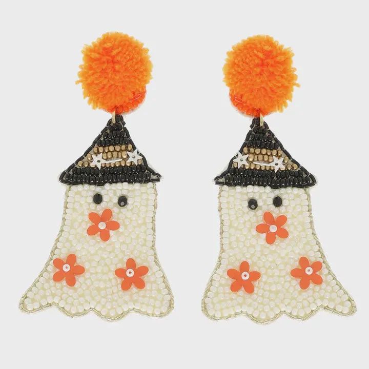 Halloween Ghost Seed Bead Dangle Earring, Colour: Orange
