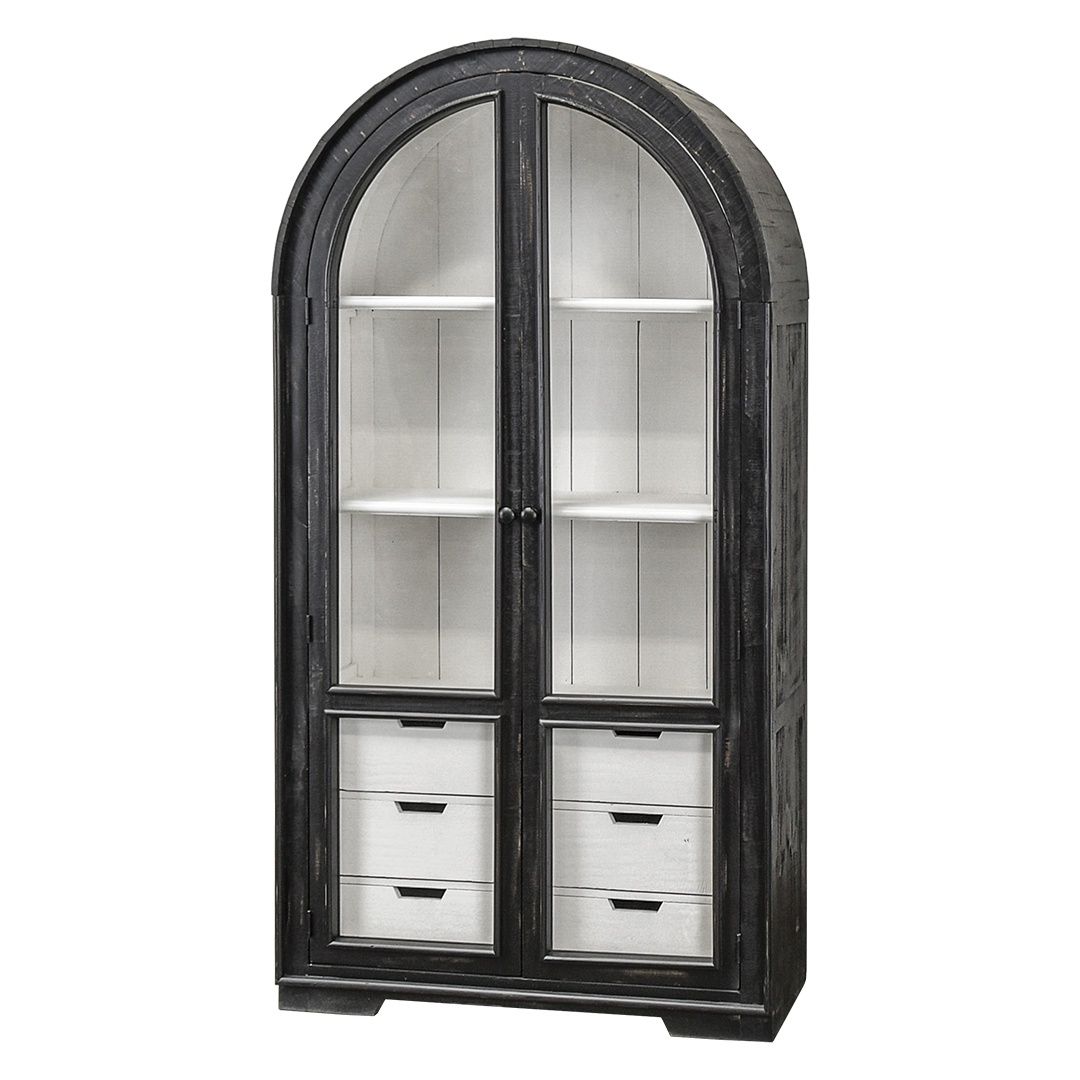 Sanded Black Curved Top 6 Drawer Hutch with White Interior