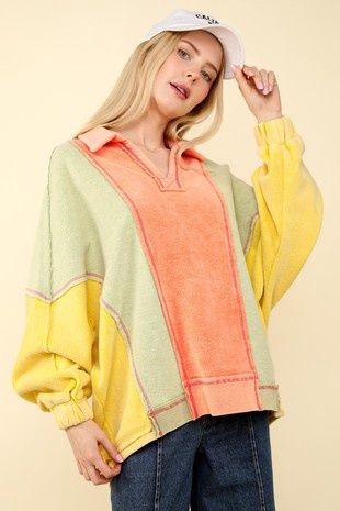 Color Block Frenchy Terry Oversized Knit Top, Colour: ORANGE, Size: M/L
