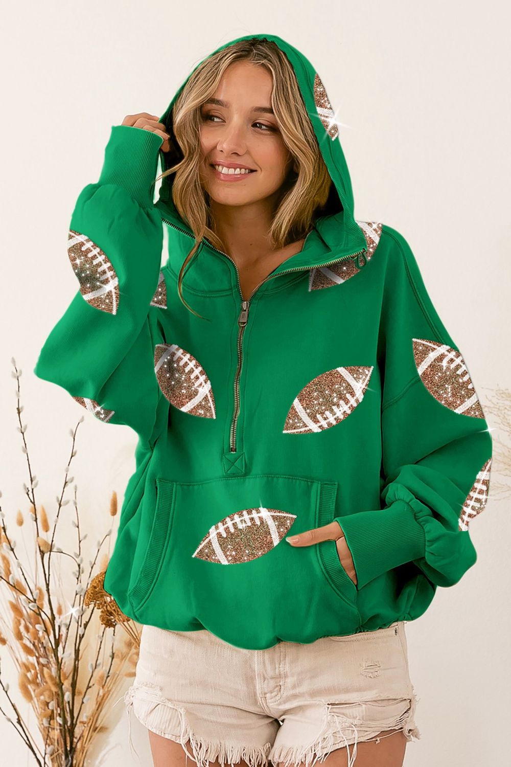Football Sequin Patch Half Zip Fleece Hoodie, Colour: Green, Size: Small