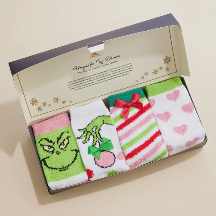 Christmas Fuzzy Socks Assorted Pack of 4, Style: Grinch