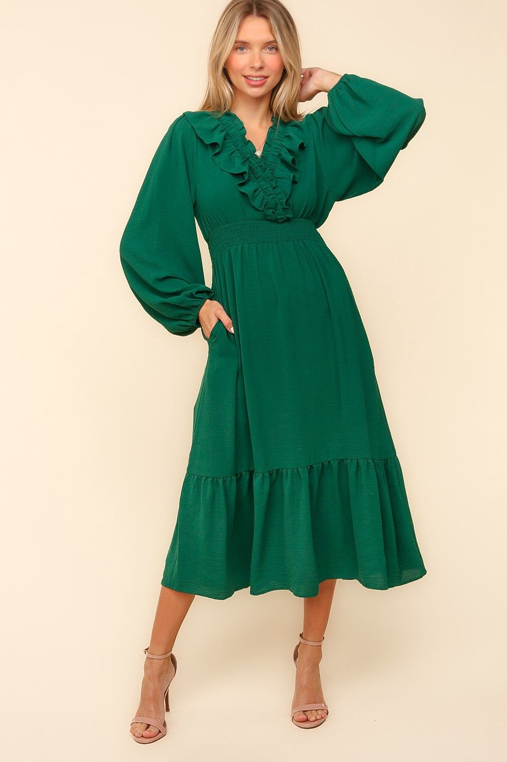 V NECK FRONT OVERLAP W/RUFFLE WOVEN DRESS