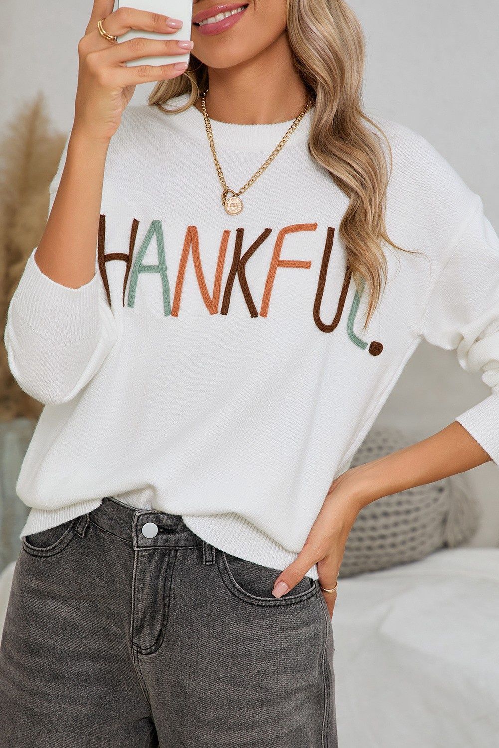 PLUS Thankful Ivory Embroidered Sweater