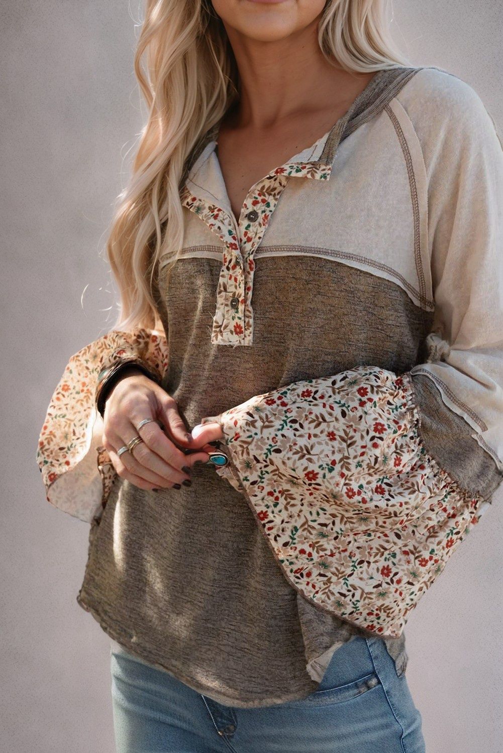 Floral Patchwork Flared Sleeve Henley Top