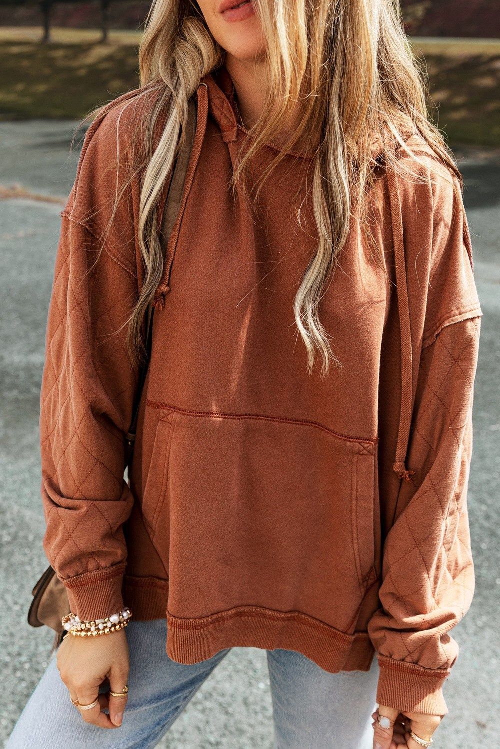 Quilted Patchwork Exposed Seam Hoodie, Size: Small, Colour: Brown