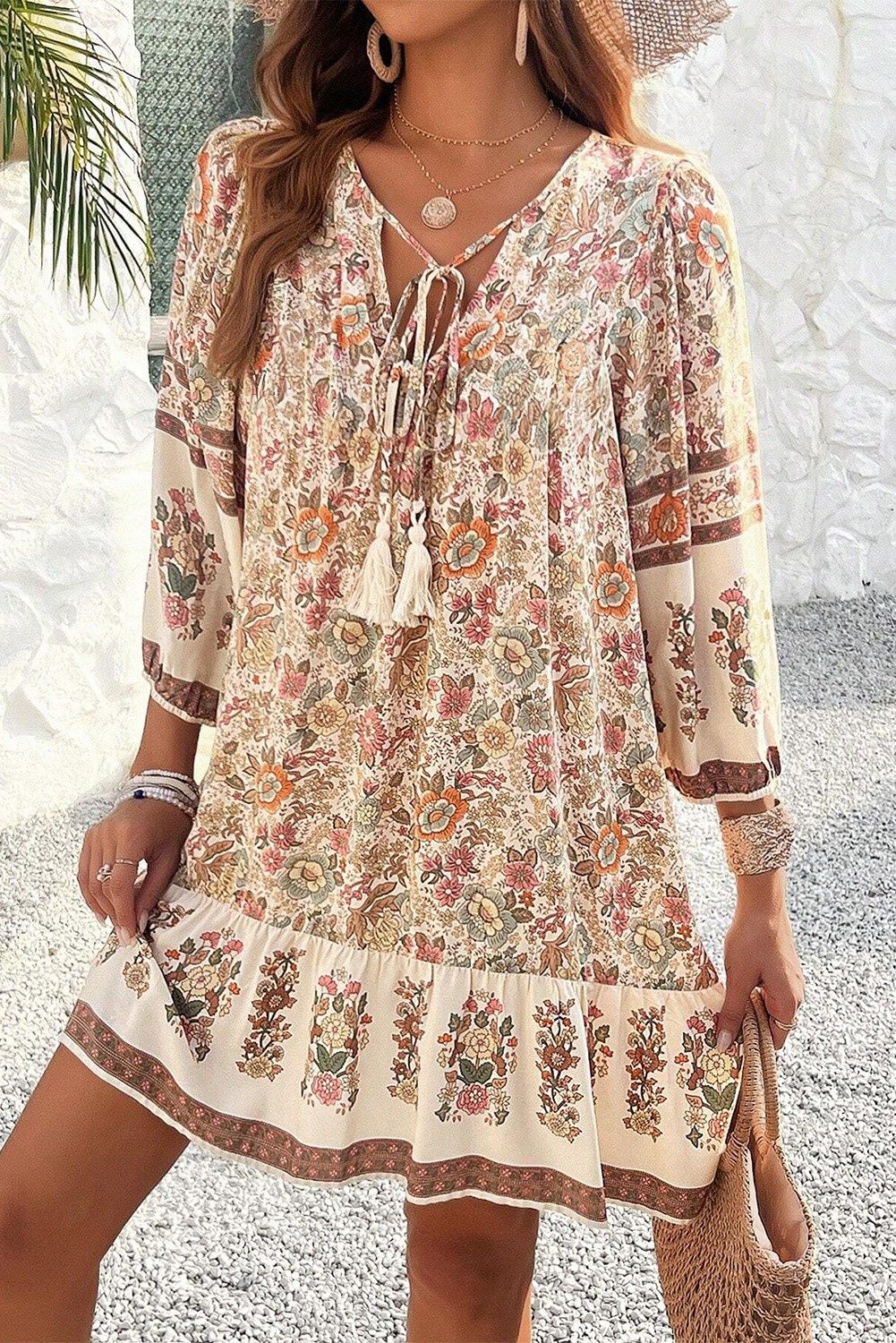 Floral Tassel Drawstring V Neck Loose Mini Dress