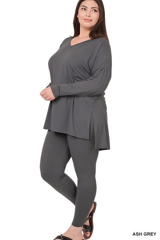 PLUS VNECK BRUSHED DTY MICROFIBER LONG SLEEVE LOUNGEWEAR SET