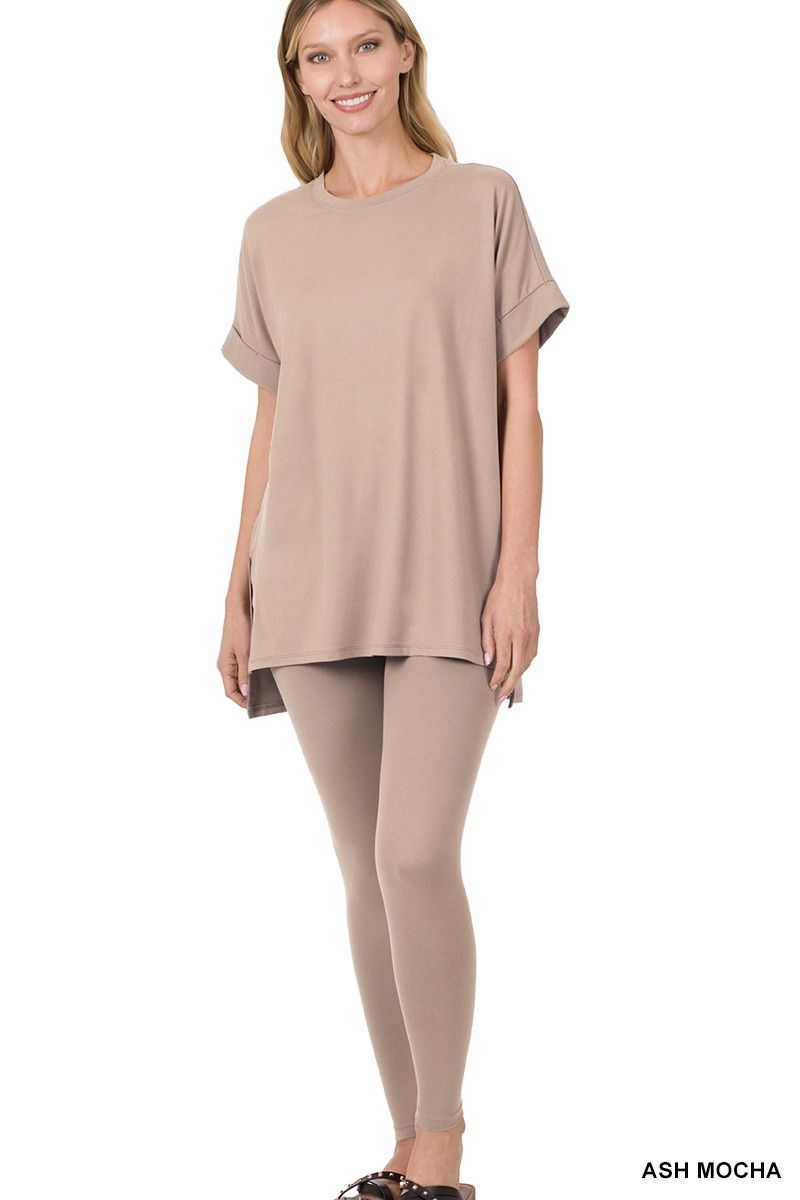 SHORT SLEEVE ROUND NECK BRUSHED DTY MICROFIBER LOUNGEWEAR SET