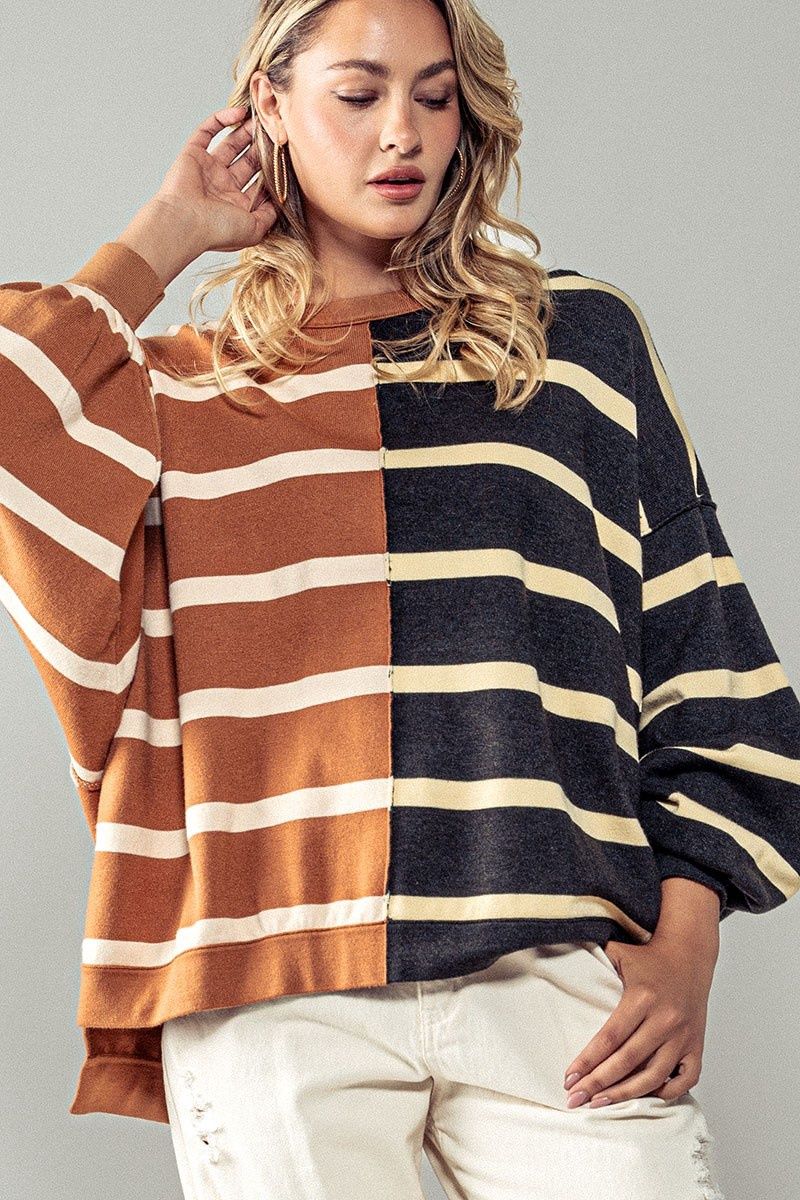 TWO TONE STRIPE PATTERN DROP SHOULDER SWEATSHIRT