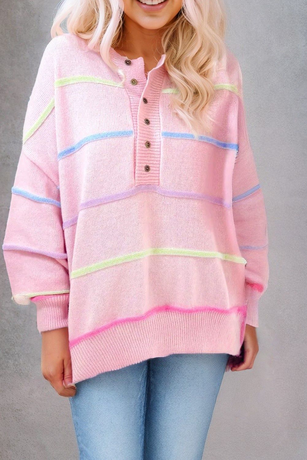 Rainbow Striped Drop Sleeve Henley Sweater