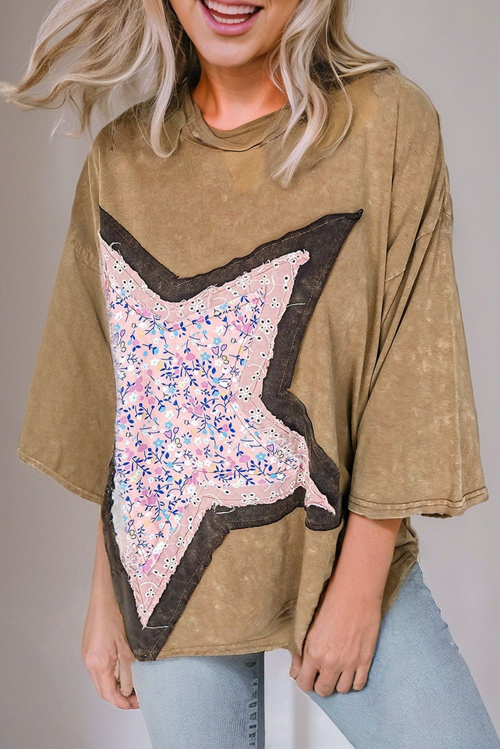Floral Star Shape Patchwork 3/4 Sleeve T Shirt