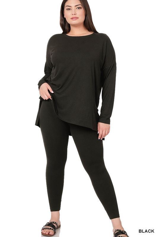 PLUS ROUND NECK LONG SLEEVE BRUSHED DTY MICROFIBER LOUNGEWEAR SET