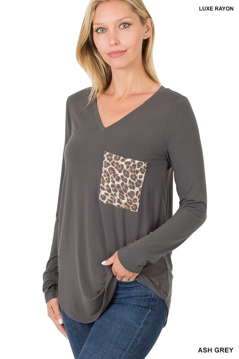 LUXE RAYON LONG SLEEVE V-NECK LEOPARD POCKET TOP, Colour: Ash Grey, Size: Small