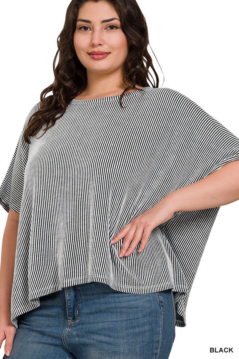 PLUS RIBBED STRIPED OVERSIZED SHORT SLEEVE TOP, Colour: Black, Size: 1X/2X