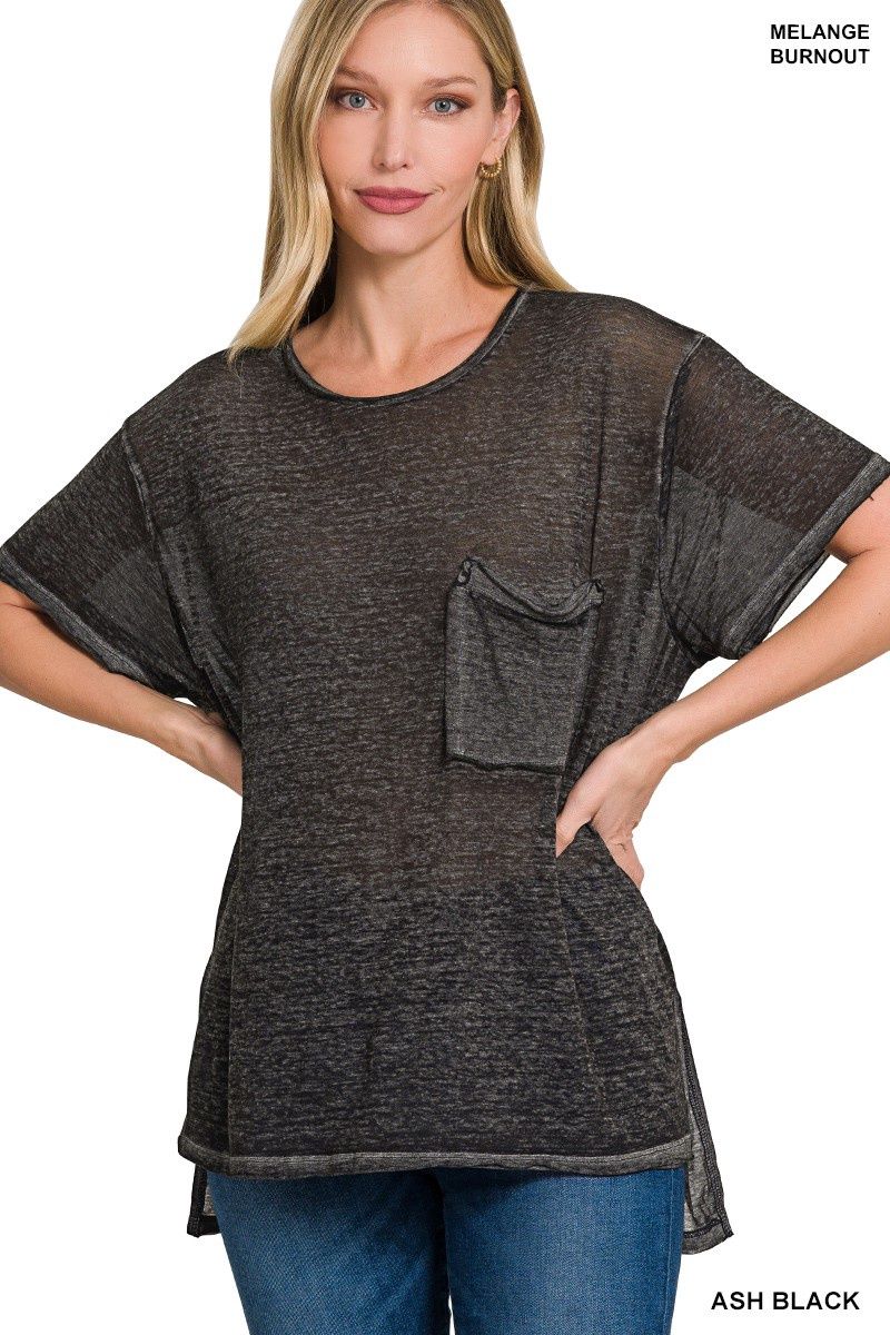 WASHED MELANGE BURNOUT HI-LOW ROUND-NECK TOP