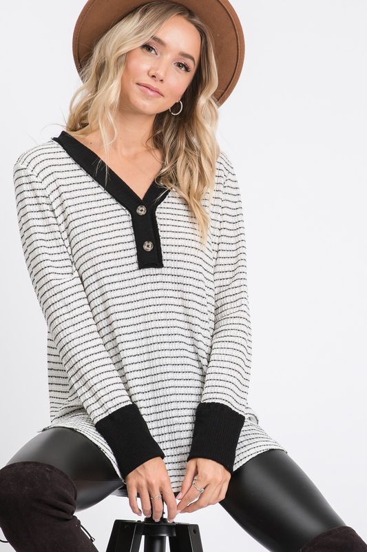 Non-functional Button Striped Top