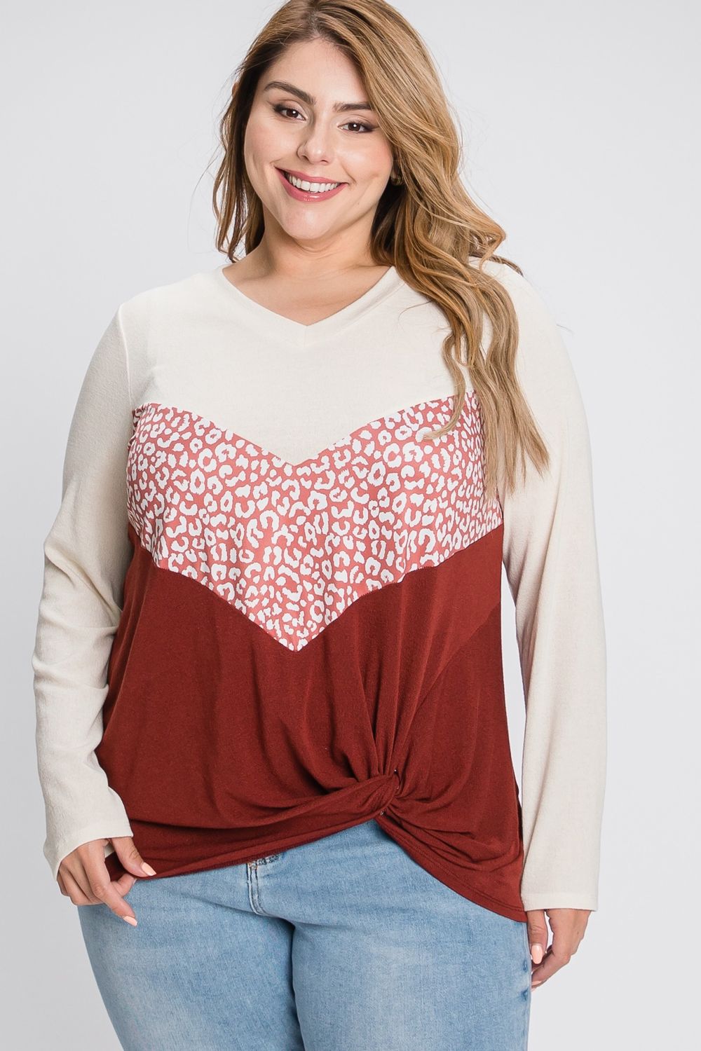 PLUS Animal print mix twist front long sleeve top