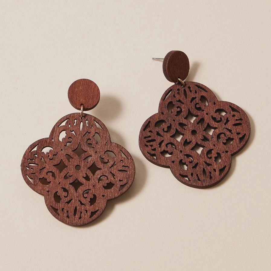 Moroccan Ornate Filigree Wooden Earrings in Earthy Tones