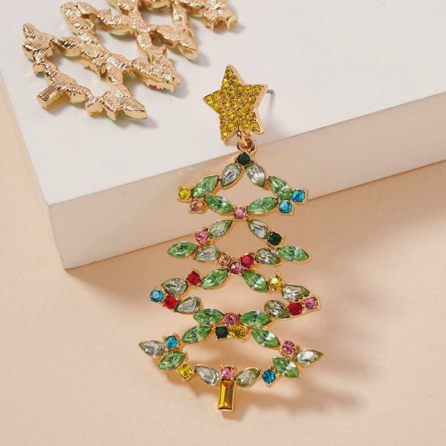 Christmas Tree Baguette Stones Dangling Earrings
