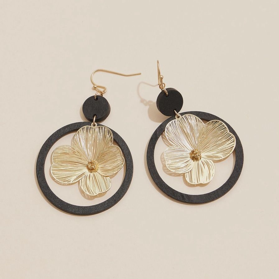 Wooden Hoop Earrings with Metallic Floral Charm, Colour: Black