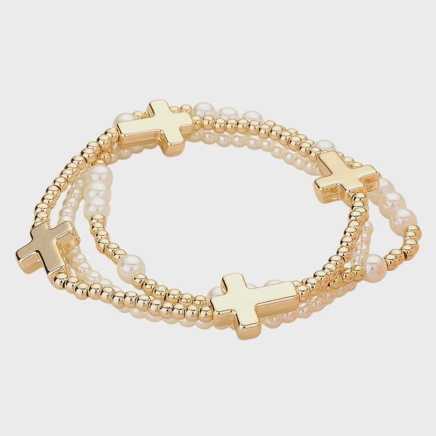 Pearl Metal Cross Ball Beaded Stretch Multi Bracelets