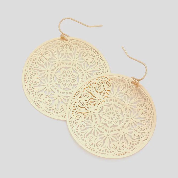 Filigree Brass Metal Round Dangle Earrings Matte Gold
