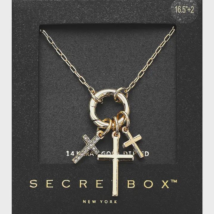 14K Gold Dipped Paved Metal Triple Cross Necklace