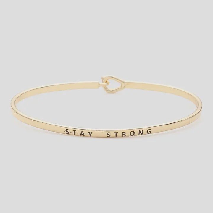 Stay Strong Message Thin Brass Metal Hook Bracelet Gold