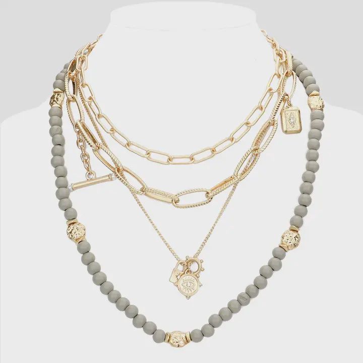 Ship Heel Lock Evil Eye Pendant Wood Multi Layered Necklace Gray