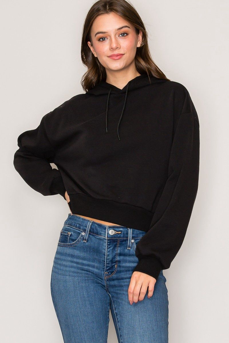 Cropped Fleece Hoodie, Colour: BLACK, Size: SMALL
