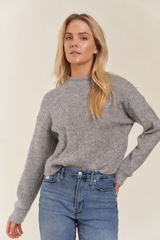 Mock Neck Long Sleeve Brushed Sweater Knit Top, Colour: H GREY, Size: SMALL