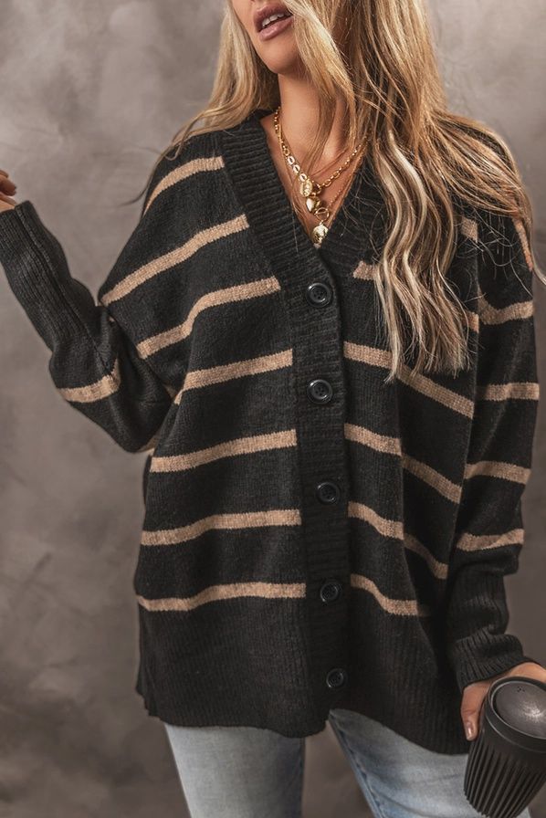 Classic Stripe Print Buttoned Winter Cardigan