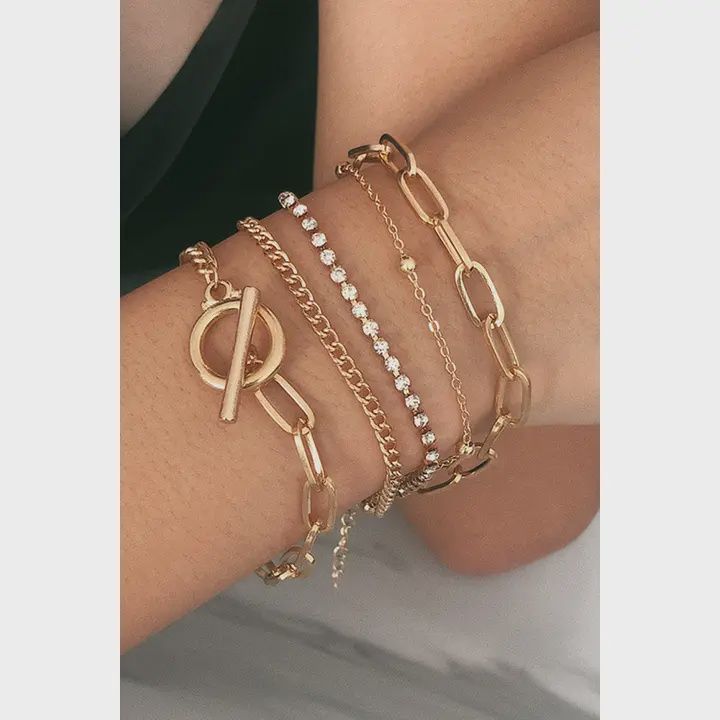 Multi-Layered Rhinestone Plated Chain Bracelet Set