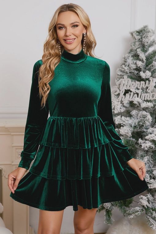 Velvet Christmas High Neck Tiered Ruffle Mini Dress