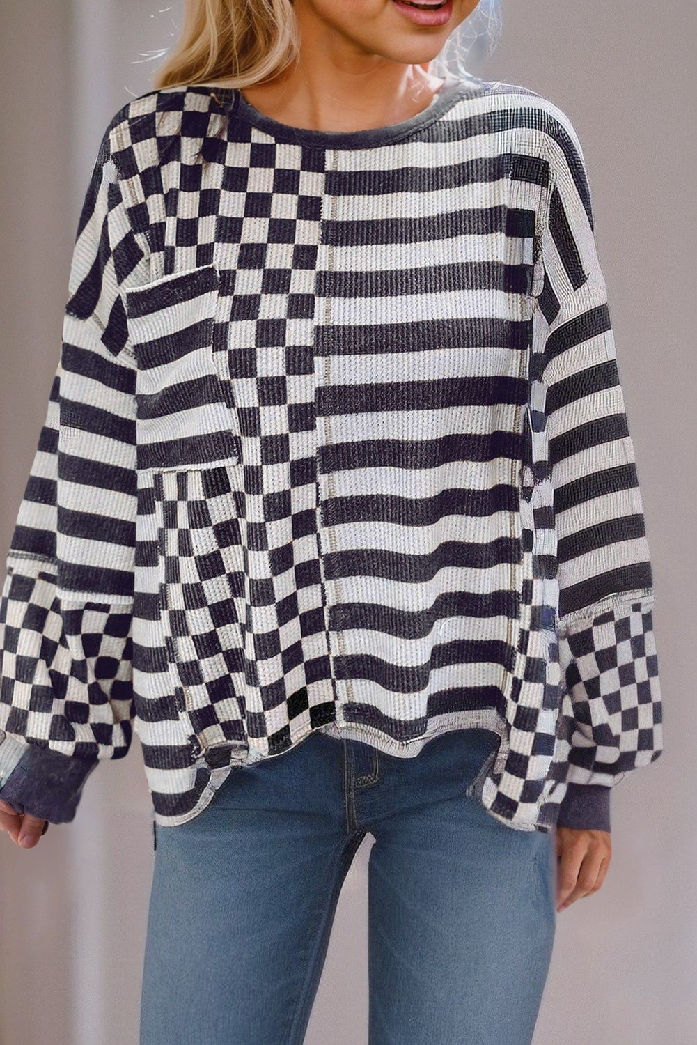 Striped Patchwork Lantern Sleeve Pocketed Blouse