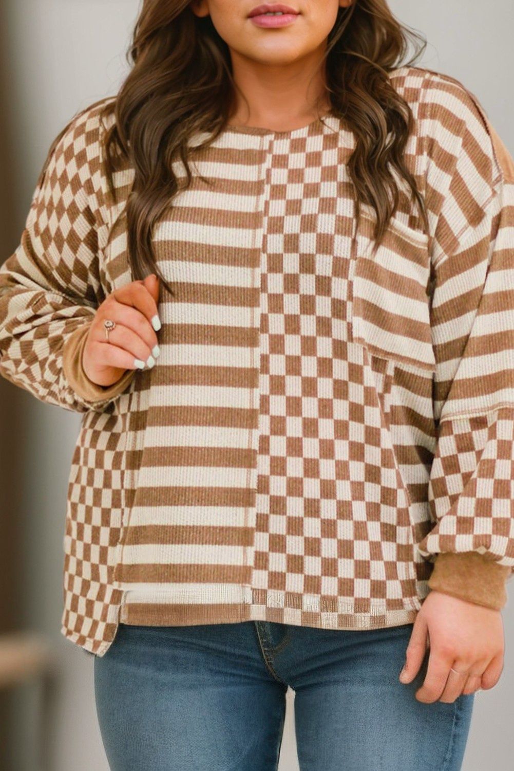 Striped Checkered Patchwork Ribbed Plus Size Top