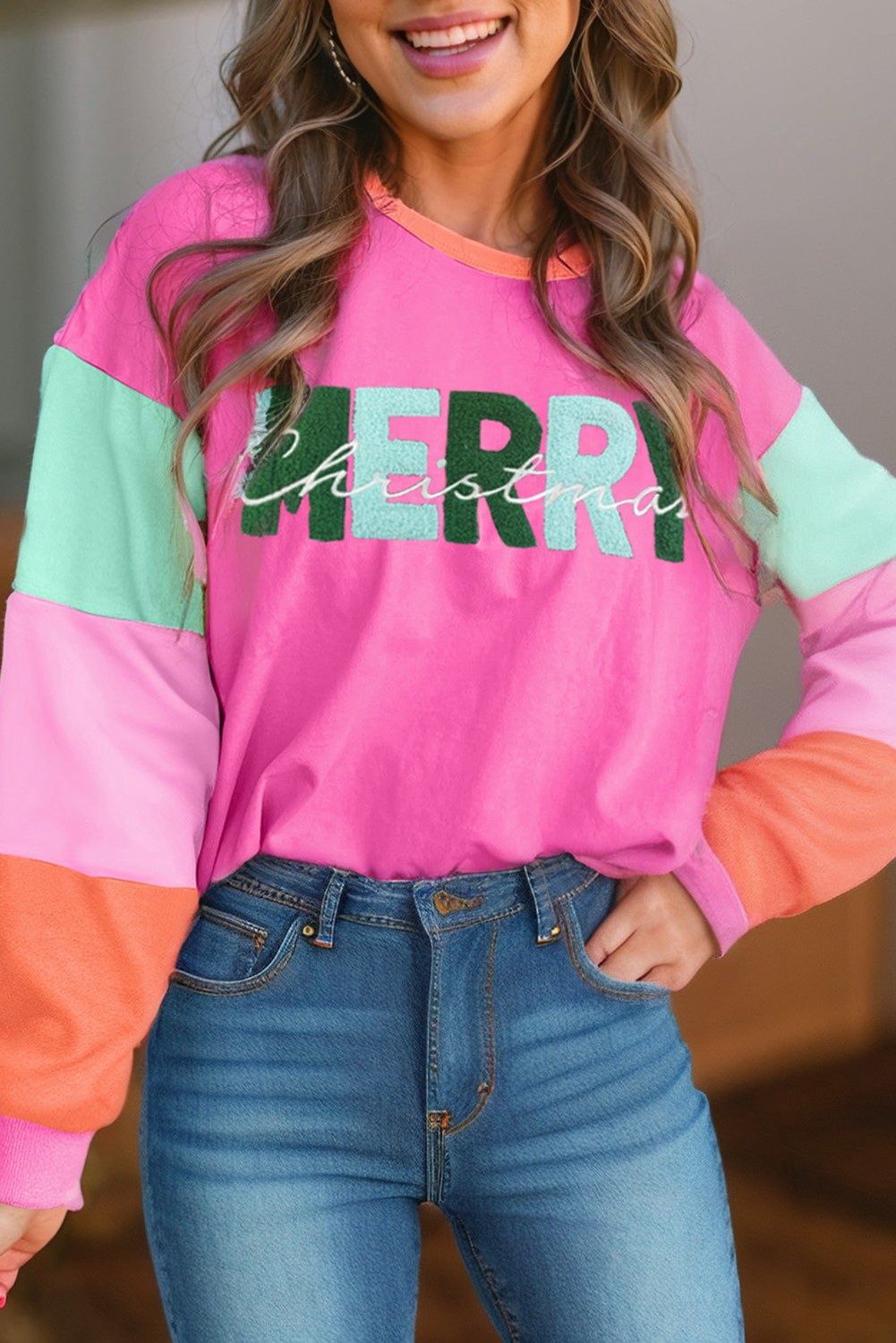 Chenille MERRY Christmas Color Block Graphic Top