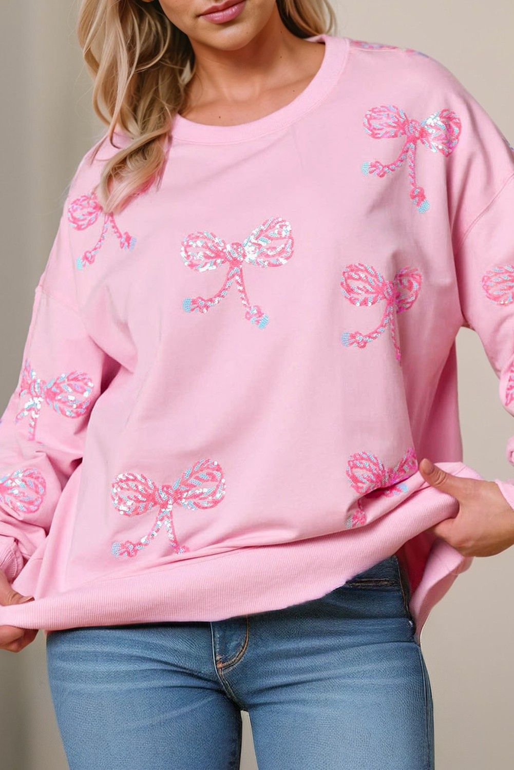Bow Graphic Round Neck Drop Sleeve Sweatshirt