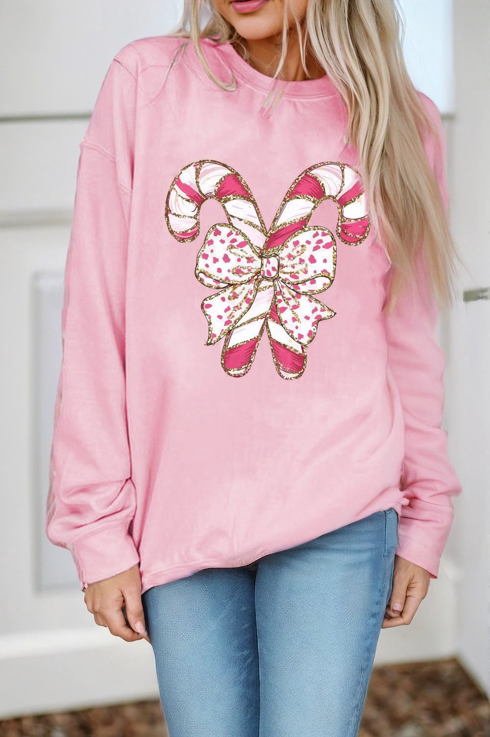 Christmas Bow Cane Graphic Crew Neck Sweatshirt
