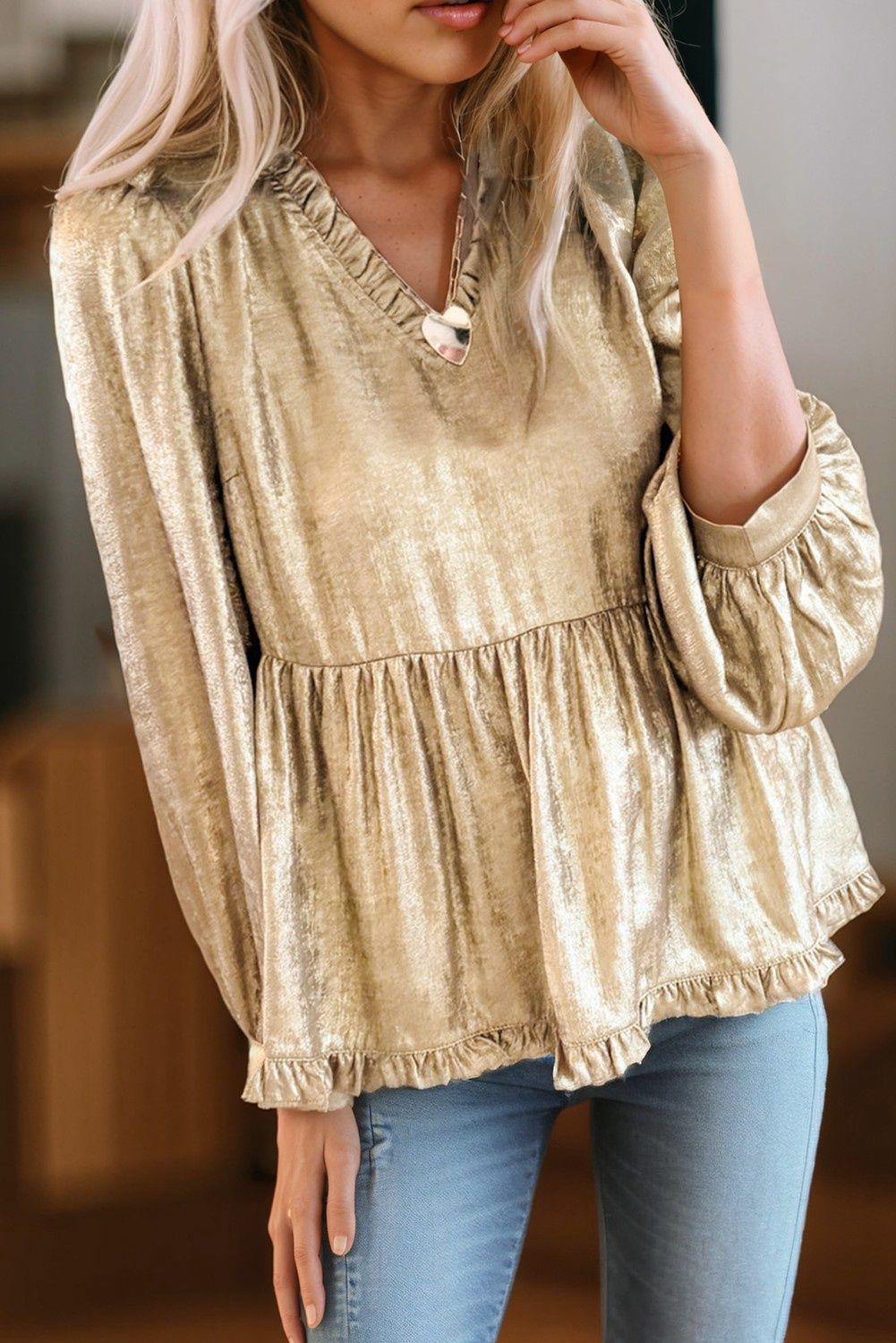 Metallic Frill V Neck Puff Sleeve Babydoll Blouse