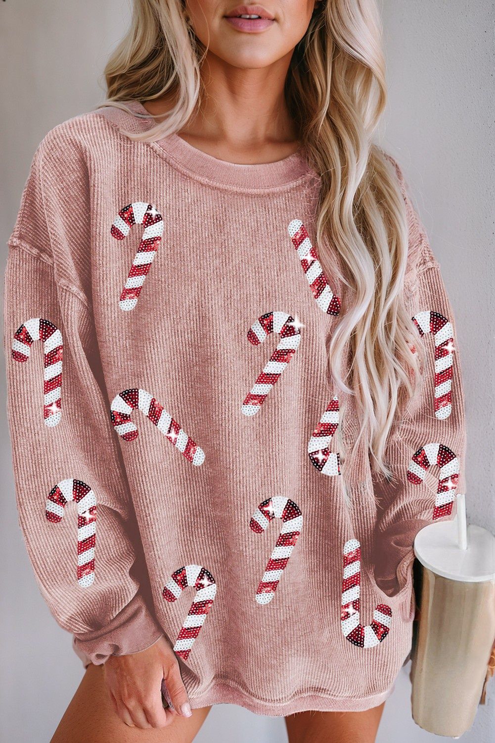 Xmas Candy Cane Shining Graphic Corded Sweatshirt