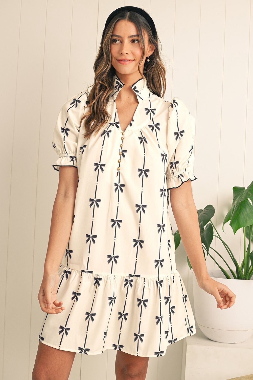 Cute Bowknot Printed Bubble Sleeve Mini Dress