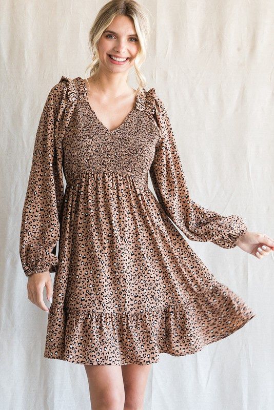 Leopard Print Smocked Body Dress