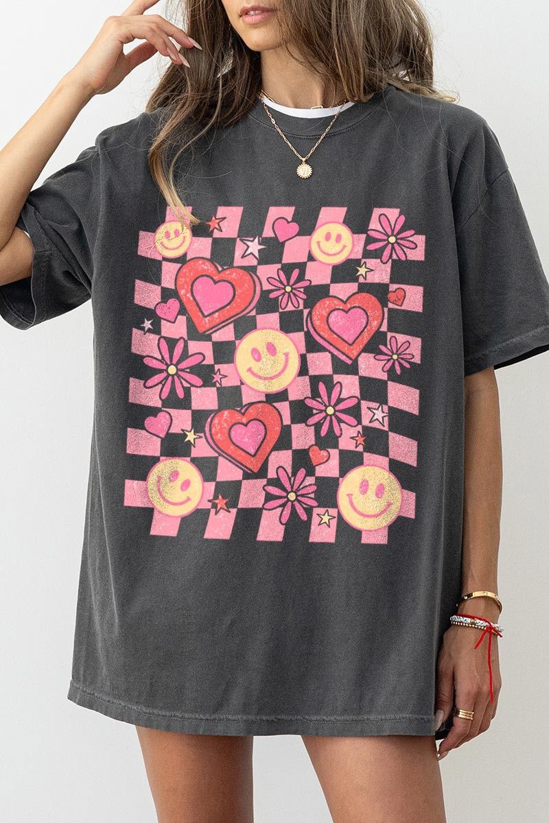 Checkered Smiley Hearts Comfort Colors Graphic Tee