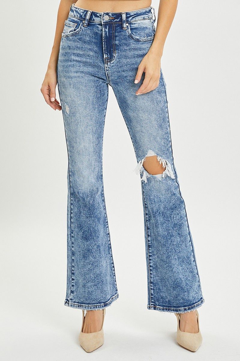 HIGH RISE KNEE DISTRESSED FLARE JEANS ACID WASH