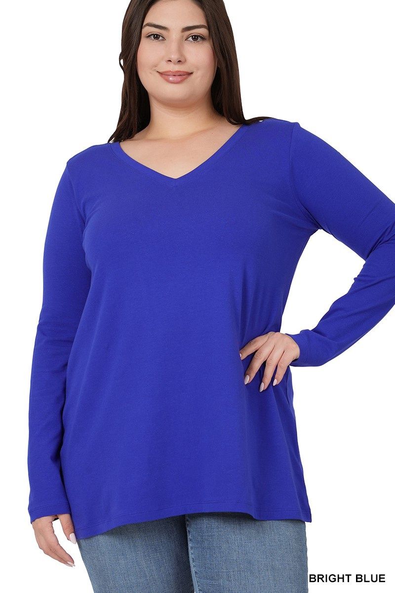 PLUS COTTON V-NECK LONG SLEEVE T-SHIRT