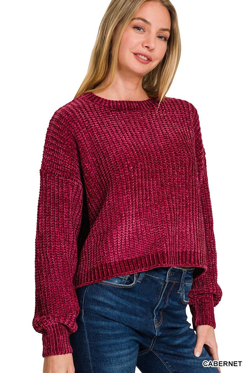 CHENILLE ROUND NECK CROP SWEATER, Colour: Cabernet, Size: Small