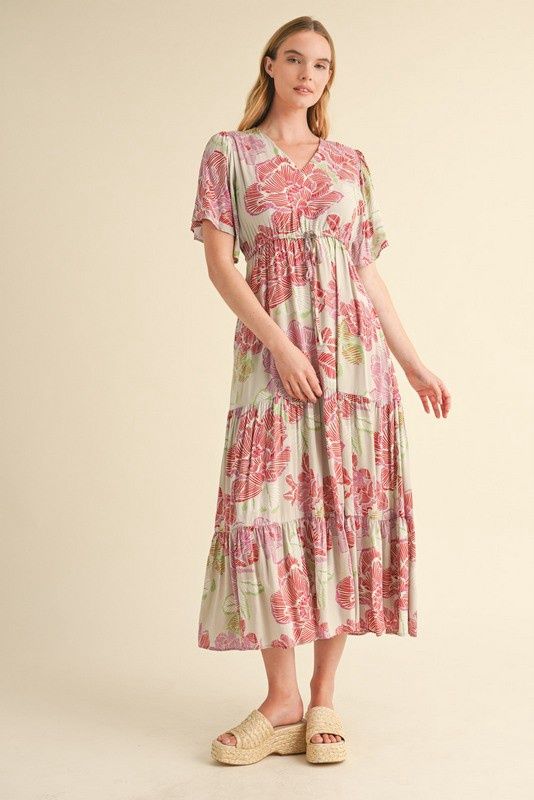 Flower Print Tiered Maxi Dress with Pockets