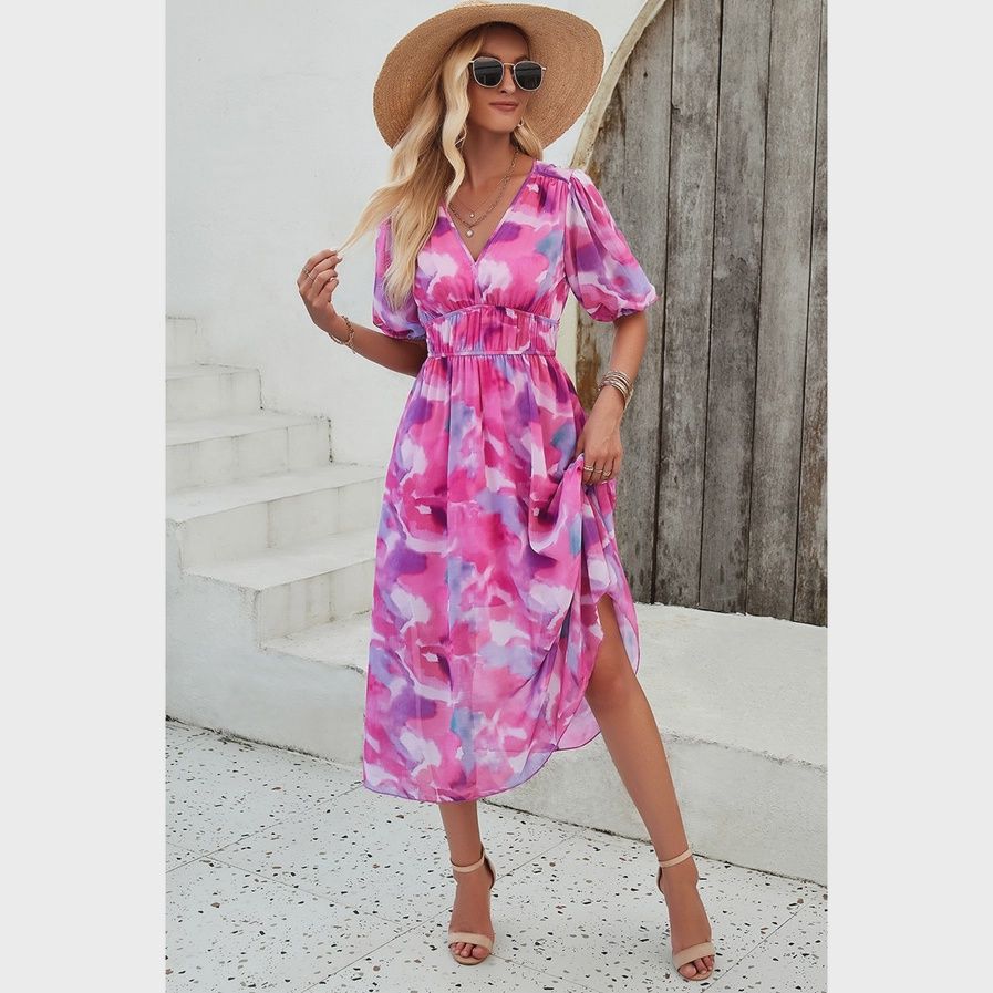 Allover Print V Neck Elastic Waist Lined Dress